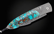 'Kingman' Damascus Steel, Black Matrix Turquoise Scale Pocket Knife by William Henry