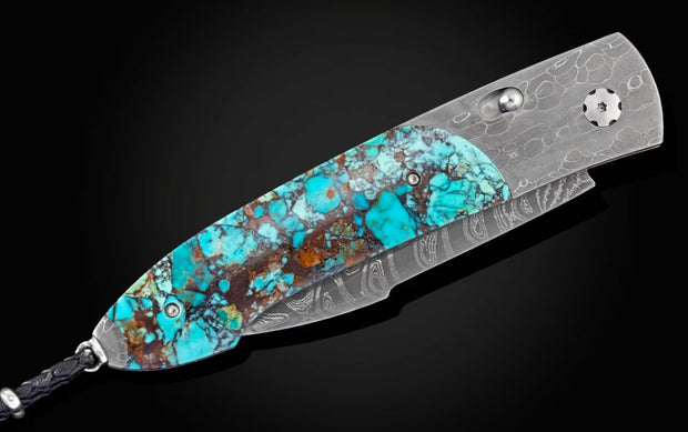 'Kingman' Damascus Steel, Black Matrix Turquoise Scale Pocket Knife by William Henry