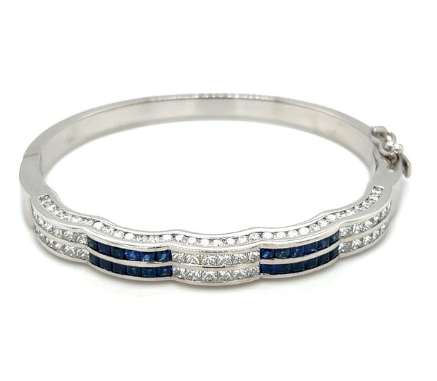 Pre-Owned 14k White Gold Blue Sapphire & Diamond Bangle Bracelet