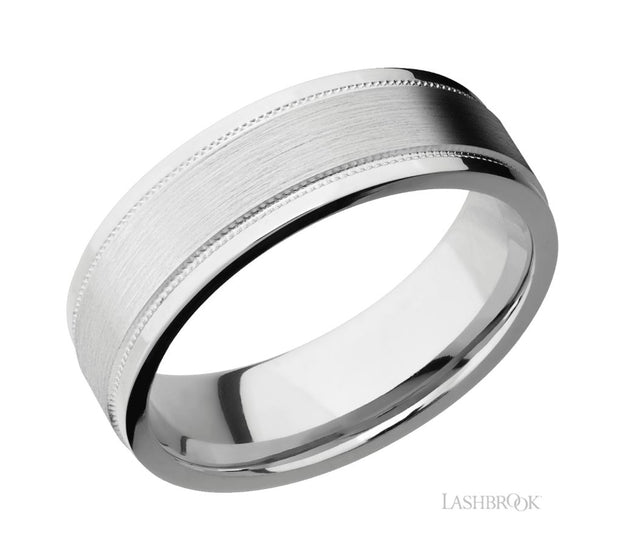 14k White Gold Stepped Edge Milgrain & Satin Finish Wedding Band by Lashbrook Designs