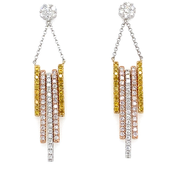 18k Tri Color Fancy Diamond Bar Dangle Earrings