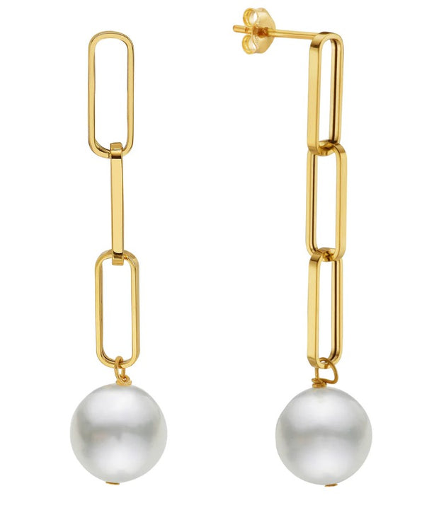14k Yellow Gold South Sea Pearl Paperclip Dangle Fashion Earrings