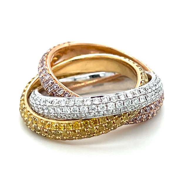 18k Tri-Color Gold Fancy Color Diamond Three Piece Rolling Eternity Band Set