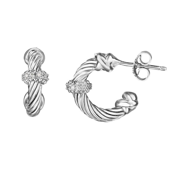 Sterling Silver Italian Cable J Hoop Diamond Earrings by Phillip Gavriel