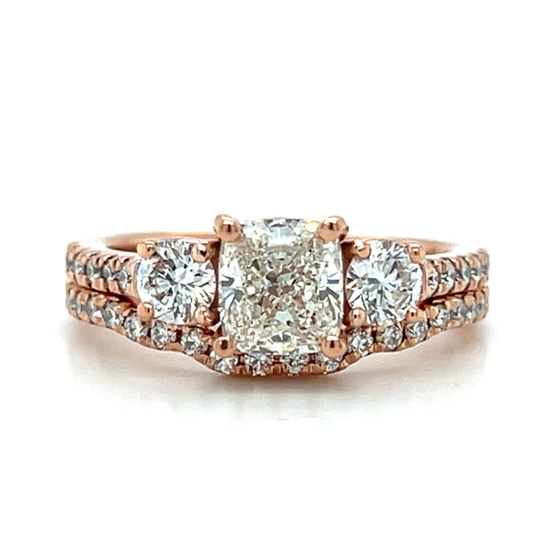 Pre-Owned 14k Rose Gold Cushion Shape Diamond Three Stone Wedding Set