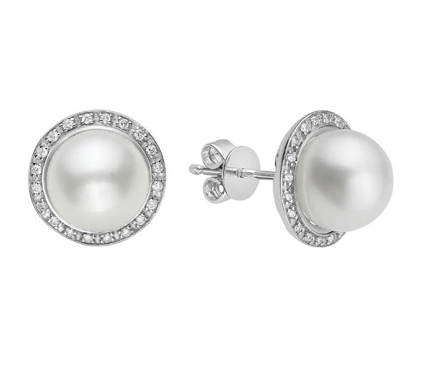 14k White Gold Freshwater Pearl & Diamond Halo Stud Earrings