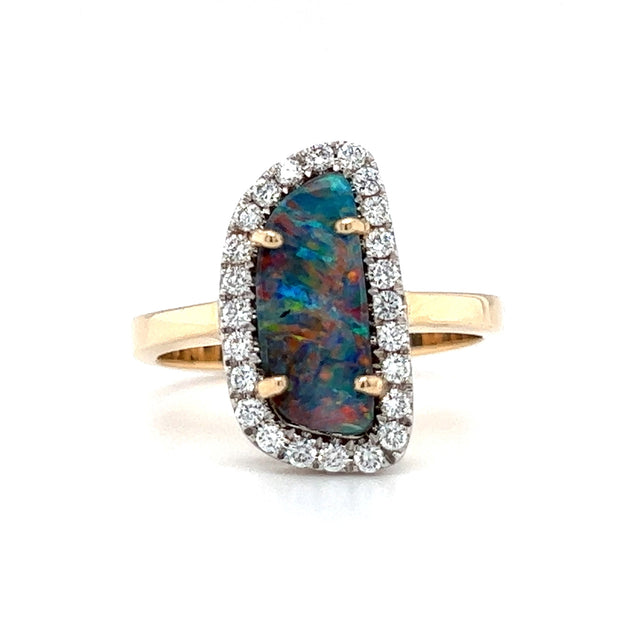 14k Yellow Gold Boulder Opal & Diamond Ring