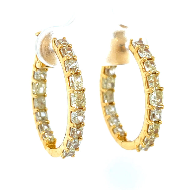 18k Yellow Gold Cushion Shape Fancy Yellow Diamond Oval Shape Inside Outside Hoop Earrings