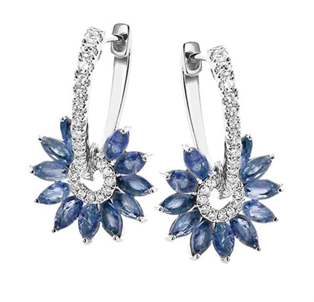 14k White Gold Blue Sapphire Daisy Flower Fashion Earrings by Zeghani