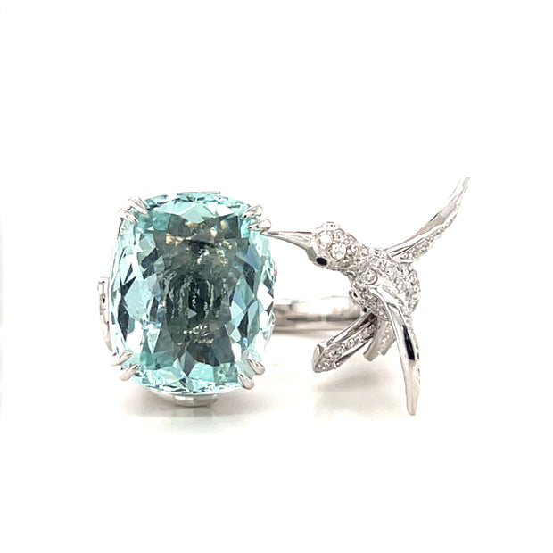 18k White Gold Aquamarine, Blue Sapphire, and Diamond Hummingbird Fashion Ring