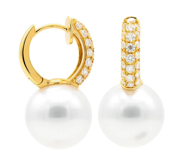 14k Yellow Gold South Sea Pearl & Pave Huggie Hoop Earrings