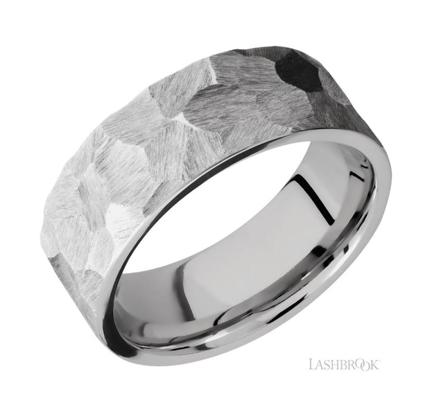14k White Gold Flat Edge Rock Texture Wedding Band by Lashbrook Designs
