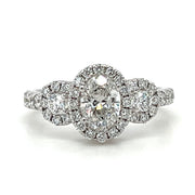 14k White Gold Three Stone Oval Cut Halo Lab Grown Diamond Solitaire Engagement Ring