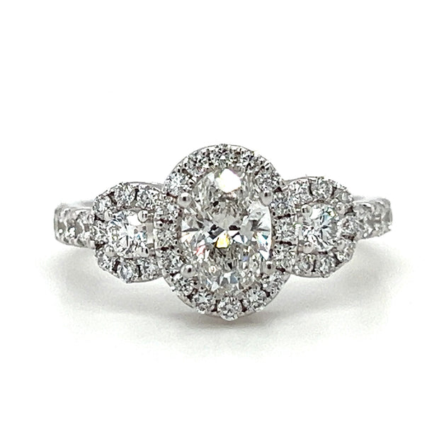 14k White Gold Three Stone Oval Cut Halo Lab Grown Diamond Solitaire Engagement Ring