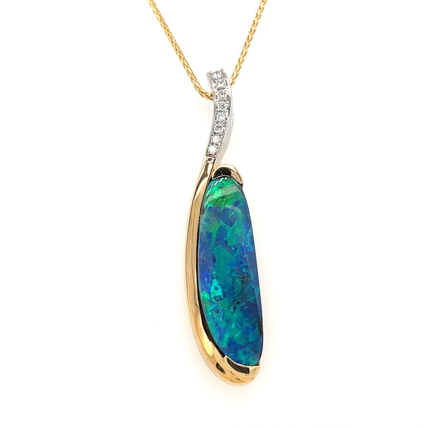 14k Two Tone Boulder Opal & Diamond Pendant by William August