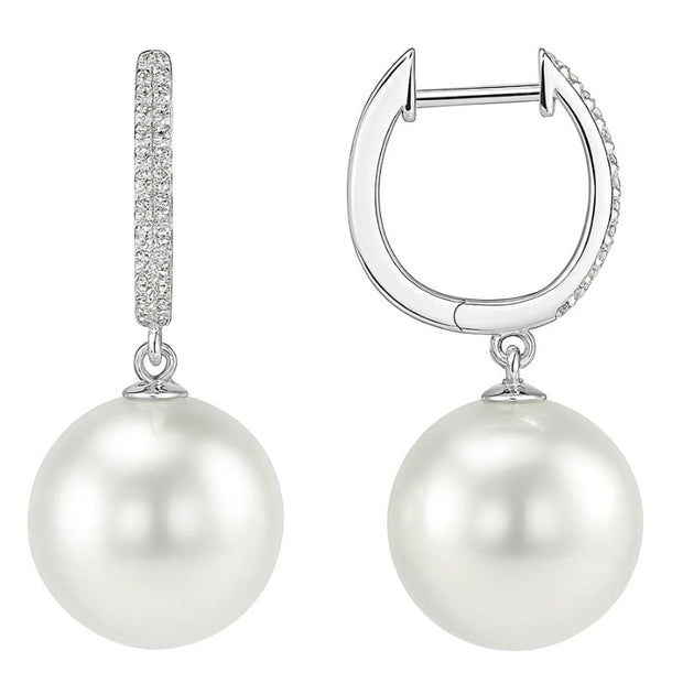 14k White Gold South Sea Pearl & Diamond Huggie Earrings