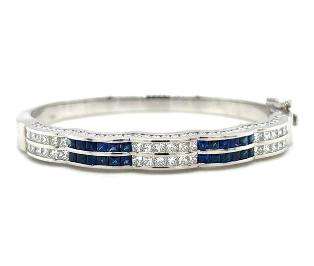 Pre-Owned 14k White Gold Blue Sapphire & Diamond Bangle Bracelet