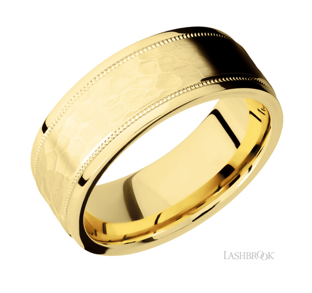 14k Yellow Gold Hammered Texture/Milgrain Wedding Band by Lashbrook Designs