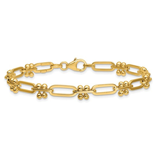 14k Yellow Gold Polished and Beaded Fancy Paperclip Link Fashion Bracelet
