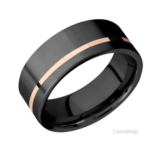 Zirconium & 14k Rose Gold Inlay Wedding Band by Lashbrook Designs