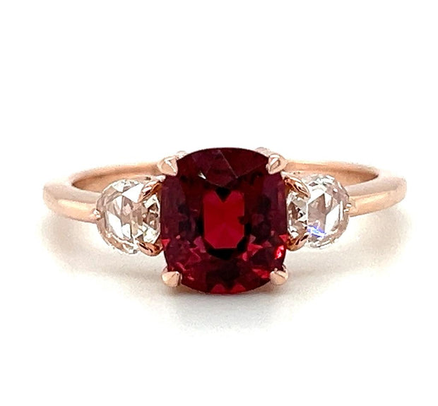 14k Rose Gold Red Spinel & Rose Cut Diamond Three Stone Ring by IJC