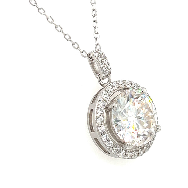 Sterling Silver Round Brilliant Lab Created Moissanite & Cubic Zirconia Halo Necklace