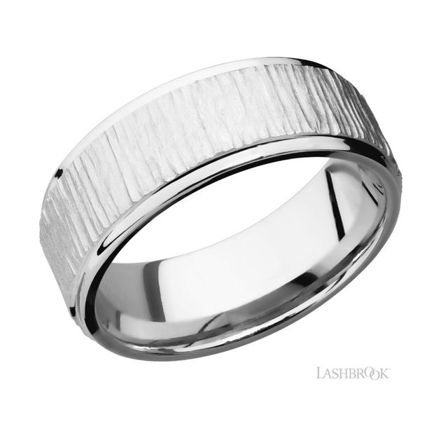 14k White Gold Flat Grooved Edge Treebark Finish Wedding Band by Lashbrook Designs