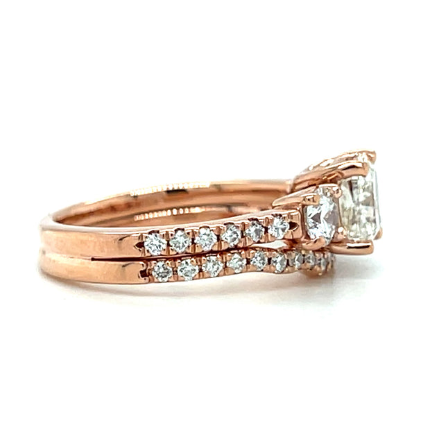 Pre-Owned 14k Rose Gold Cushion Shape Diamond Three Stone Wedding Set