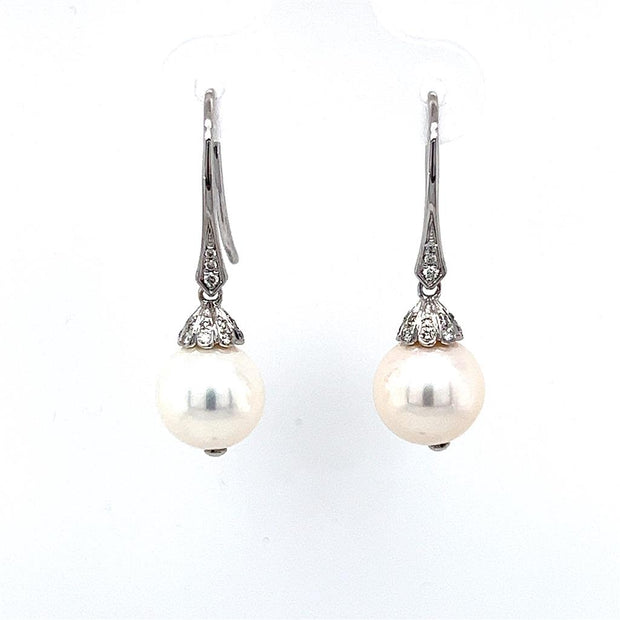 14k White Gold Akoya Cultured Pearl & Diamond Drop Earrings by Rego Designs