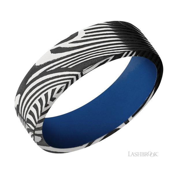 Damascus Steel Sunset Pattern & Royal Blue Cerakote Sleeve Wedding Band by Lashbrook Designs