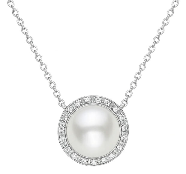 14k White Gold Freshwater Pearl & Diamond Halo Necklace