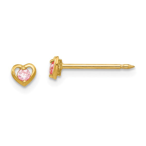 14k Yellow Gold Open Heart Pink Cubic Zirconia Inverness Stud Earrings