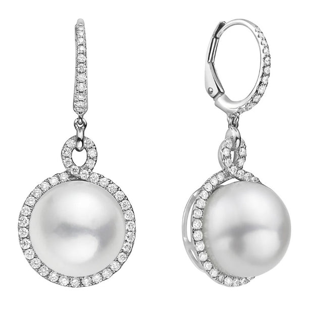 18k White Gold South Sea Pearl & Diamond Dangle Earrings