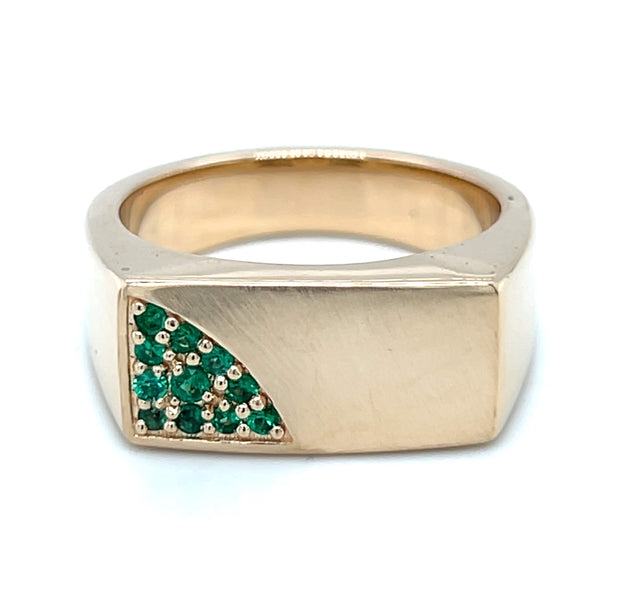 14k Yellow Gold Engravable Signet Ring With Emerald Accents by IJC