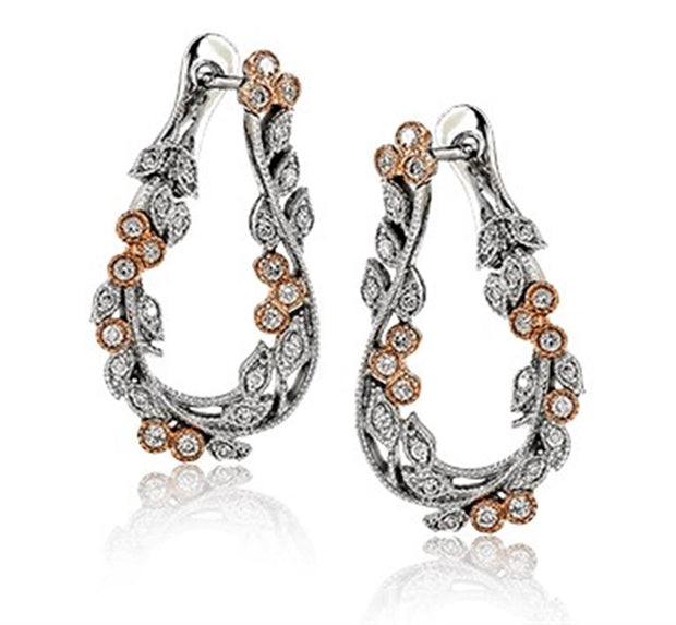 14k White & Rose Gold Accented Organic Leaf Design Diamond Hoop Earrings by Zeghani
