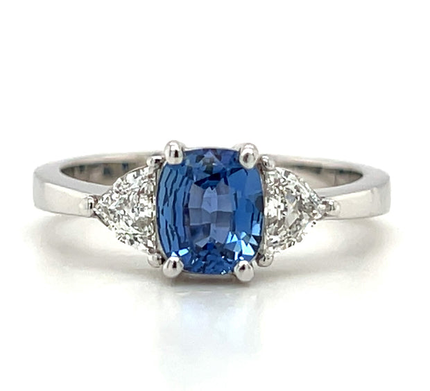 14k White Gold Blue Sapphire & Diamond Three Stone Ring