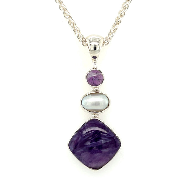 Sterling Silver Charoite, Pearl, & Amethyst Pendant