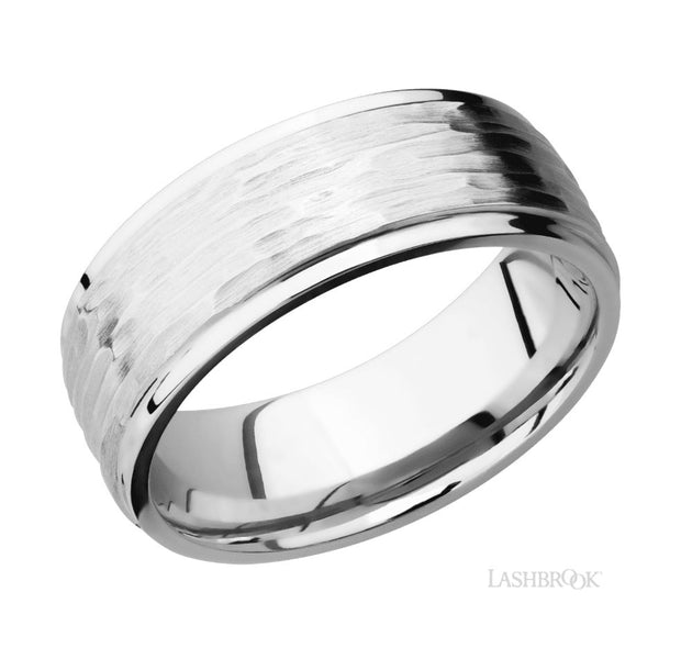 14k White Gold Flat Grooved Edge Treebark Finish Wedding Band by Lashbrook Designs