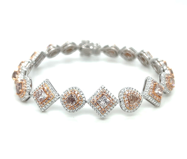 18k Two Tone Gold Fancy Color Diamond Double Halo Tennis Bracelet