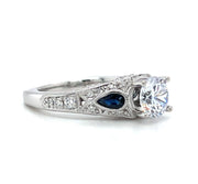 14k White Gold Vintage Inspired Diamond & Blue Sapphire Engagement Ring