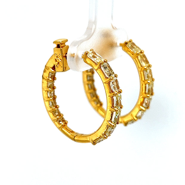 18k Yellow Gold Radiant Cut Fancy Yellow Diamond Inside Outside Oval Hoop Earrings