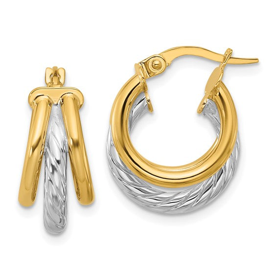 14k Yellow Gold/Rhodium Polished Triple Hoop Earrings