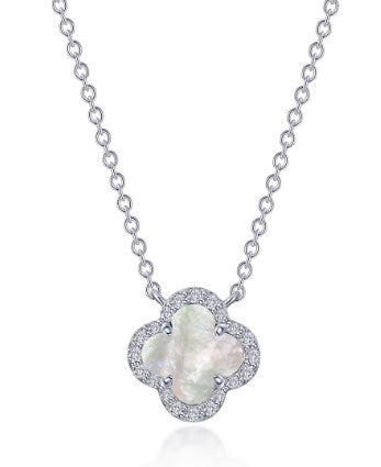 Sterling Silver Simulated Diamond & Mother Of Pearl Clover Halo Fashion Necklace by Lafonn