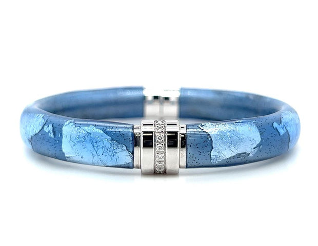 Sterling Silver Gold Leaf & Blue Sapphire Enamel Diamond Barrel Bangle Bracelet by SOHO
