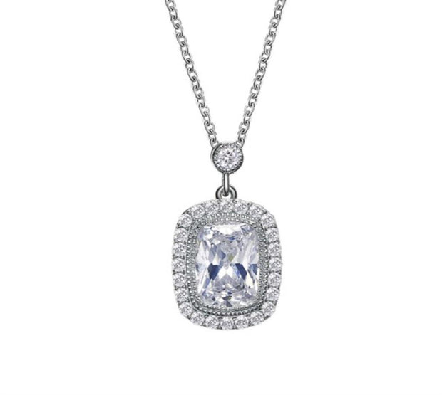 Sterling Silver & Simulated Diamond Cushion Cut Halo Necklace