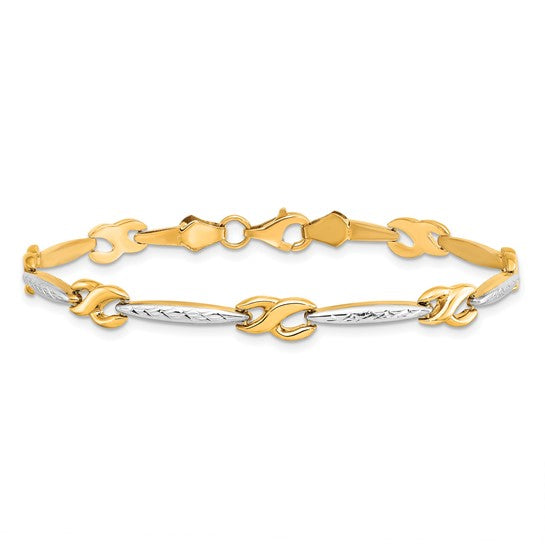 10k Yellow Gold/Rhodium Finish Diamond Cut Fancy Link Bracelet