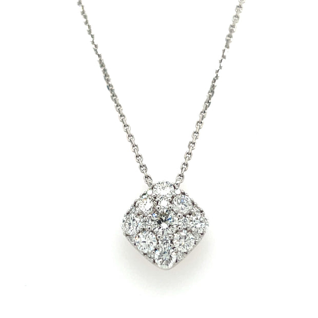 18k White Gold Cushion Shape Cluster Diamond Necklace