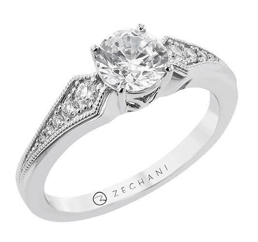 14k White Gold Vintage Inspired Round Brilliant Diamond Engagement Ring by Zeghani