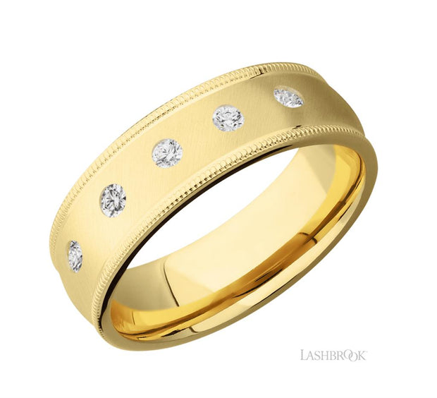 14k Yellow Gold Domed Milgrain Diamond Wedding Band by Lashbrook Designs