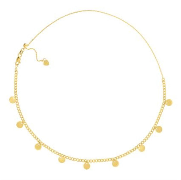 14k Yellow Gold Dangle Disc Open Curb Link Choker Necklace